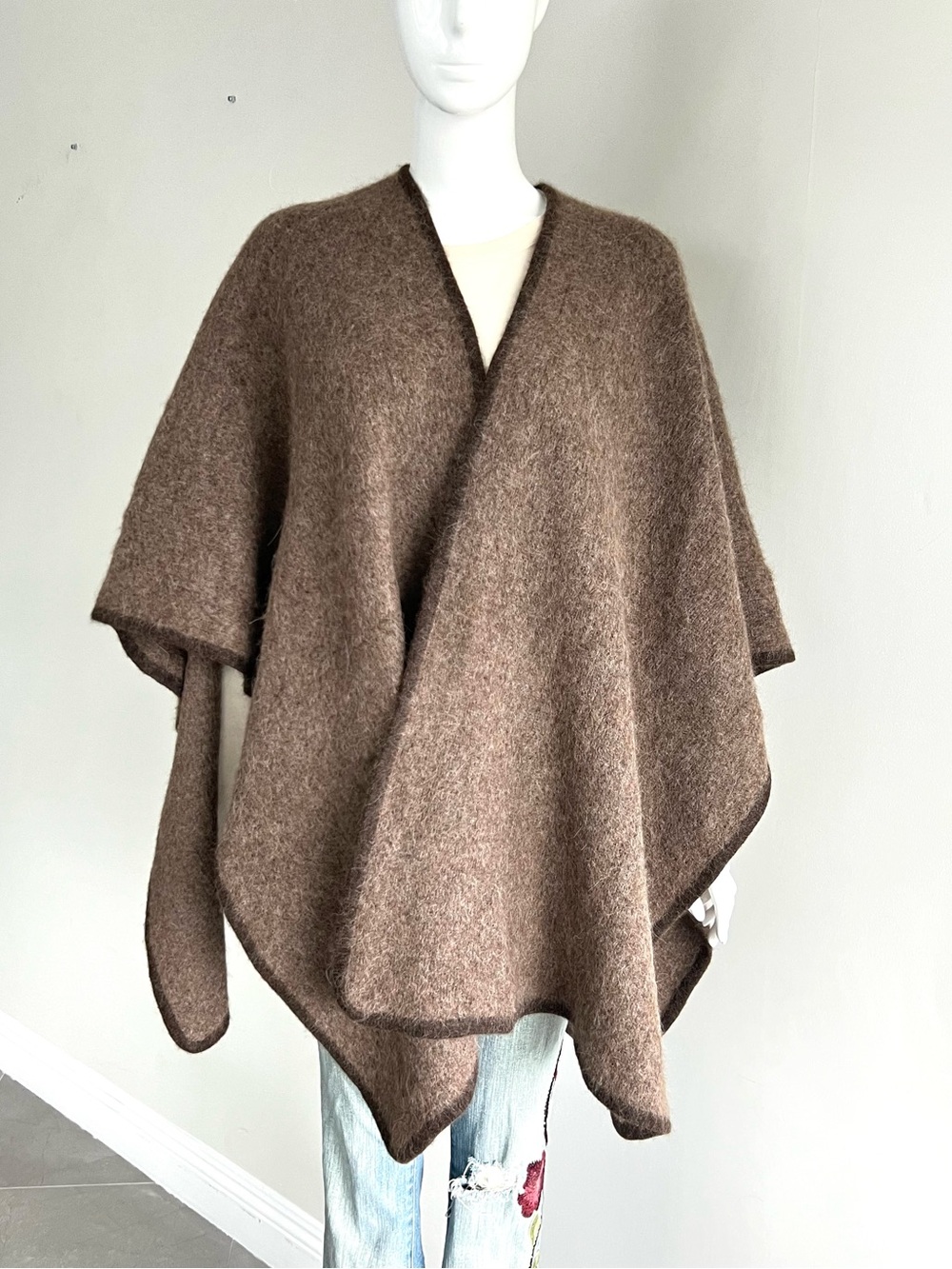 JENNI KAYNE Brown Alpaca Wool Blend Open Shawl Poncho Wrap Cape